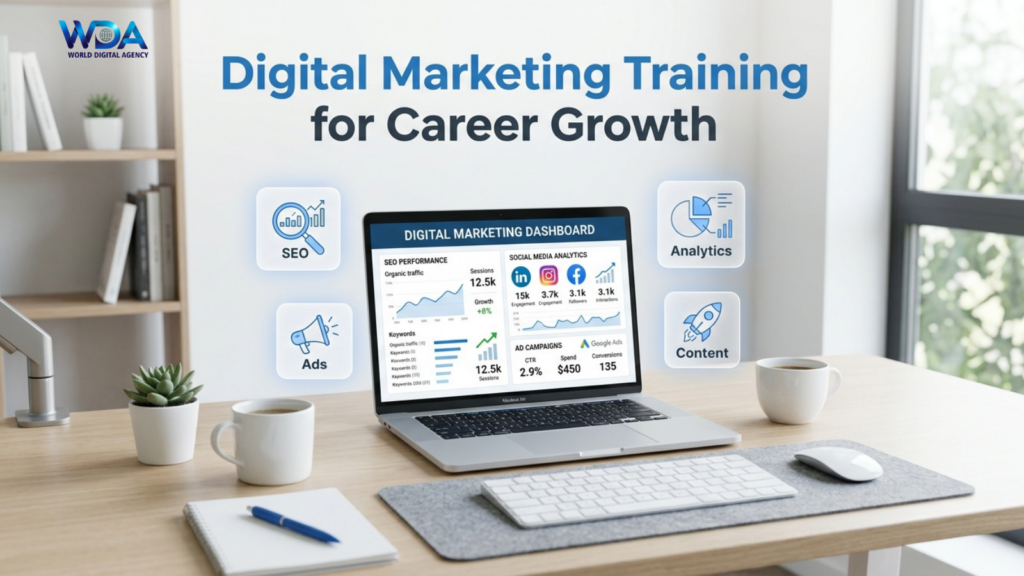 Laptop showing digital marketing dashboard with SEO and analytics