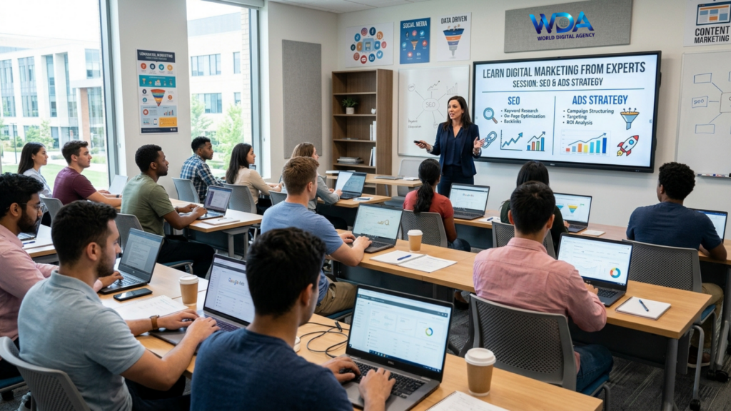 Students learning SEO and ads strategy in digital marketing class