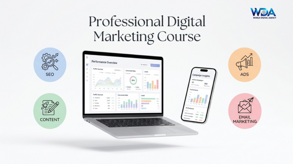 Laptop and mobile showing digital marketing tools like SEO and ads