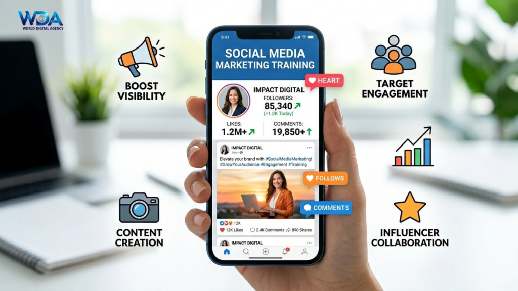 Hand holding smartphone showing social media marketing training dashboard