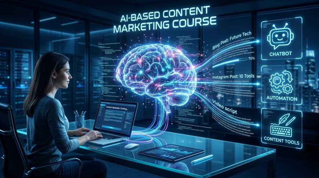 Woman using laptop with AI brain interface for content marketing automation