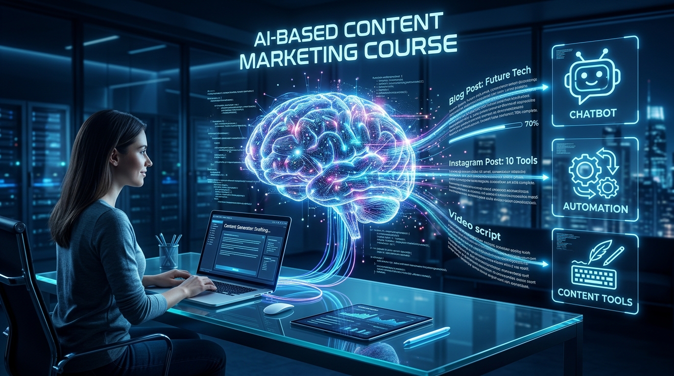 Woman using laptop with AI brain interface for content marketing automation