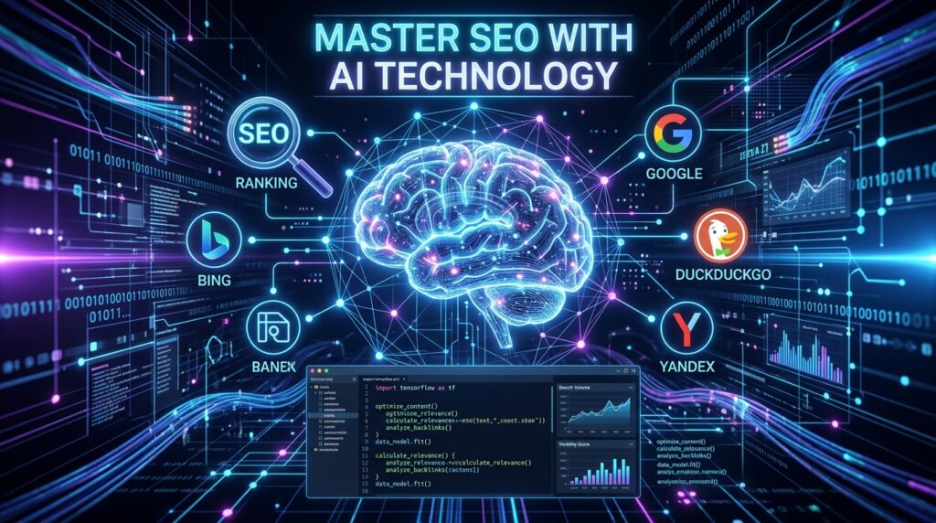Futuristic AI brain analyzing SEO data across search engines