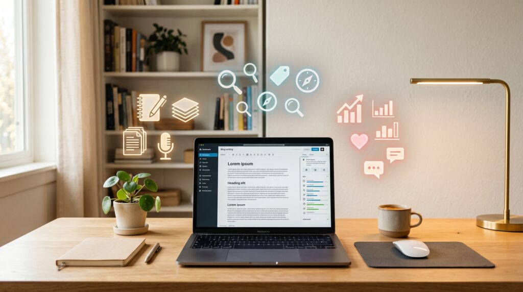Laptop showing blog editor on a tidy desk