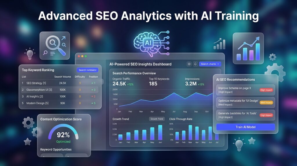 AI-powered SEO analytics dashboard with charts and insights