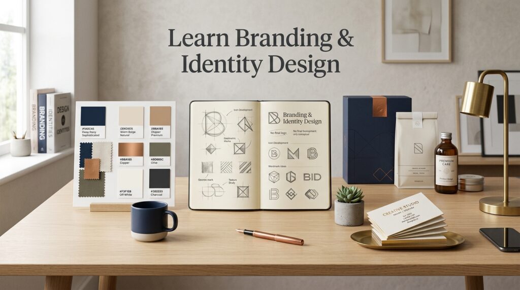 Workspace with laptop, drawing tablet, and color swatches for hands-on graphic design.