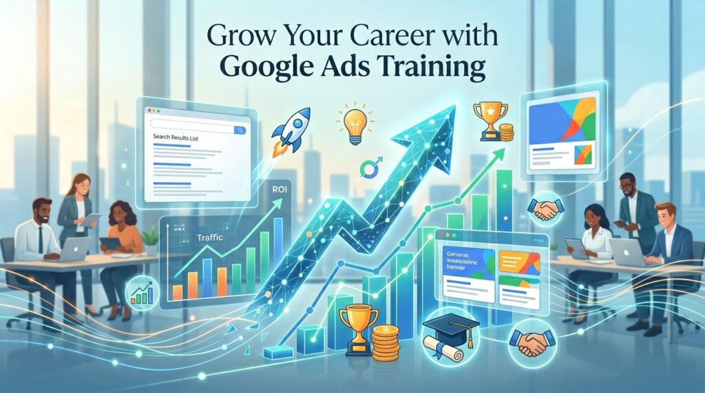 Illustration of professionals and growth charts representing Google Ads training