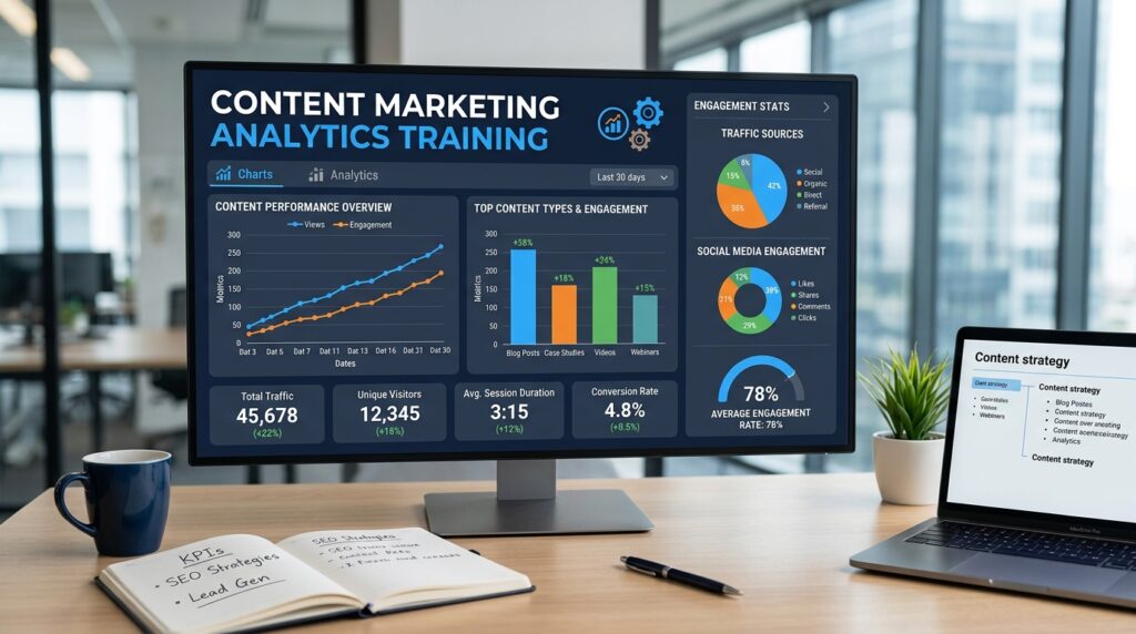 Monitor showing content marketing analytics dashboard with charts and engagement data.