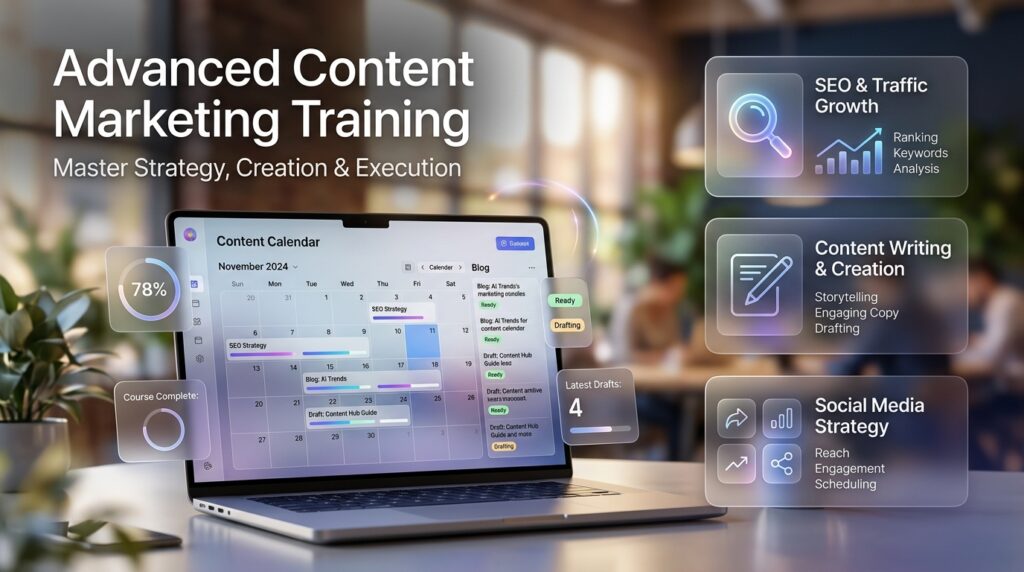Laptop displaying a content calendar with marketing training features and analytics overlays