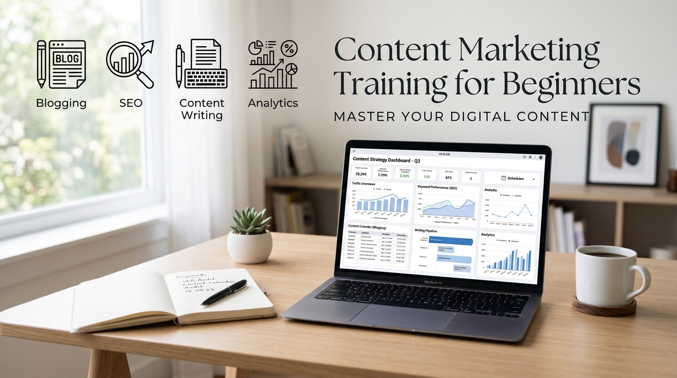 Laptop showing content marketing analytics on a desk with notebook and coffee