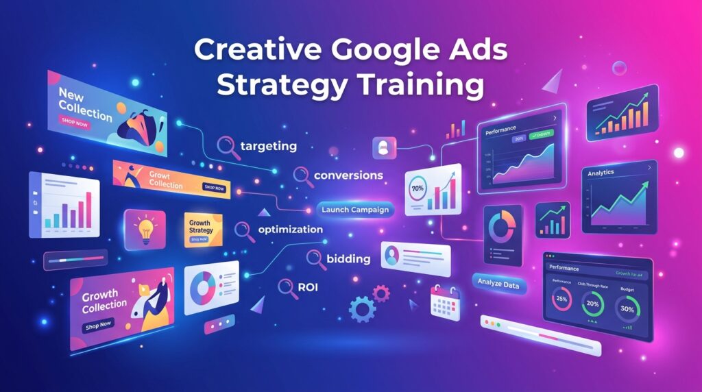 Google Ads strategy visuals with targeting, ROI, and analytics