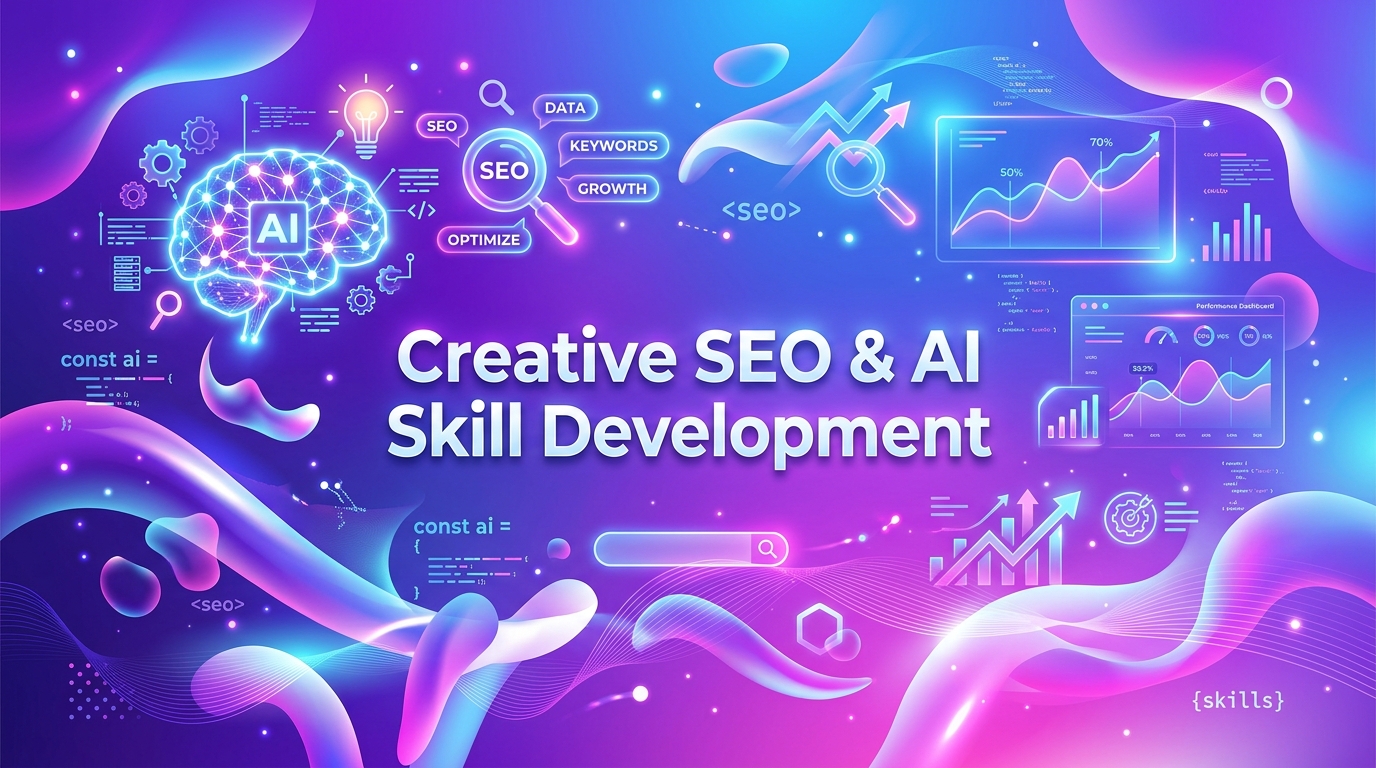 Colorful digital illustration showing AI brain, SEO icons, and data analytics visuals