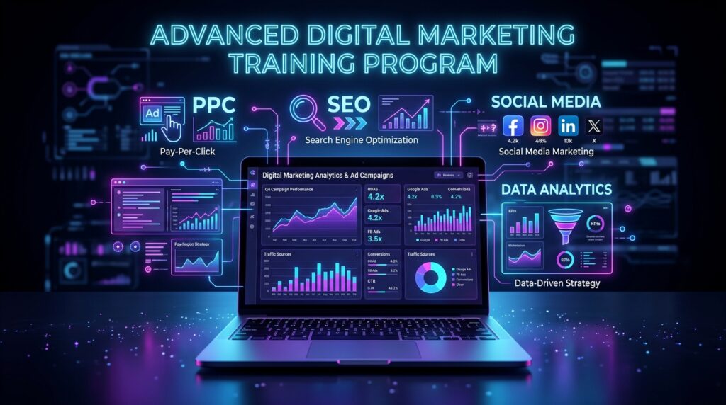 Laptop showing digital marketing tools like SEO, PPC and analytics