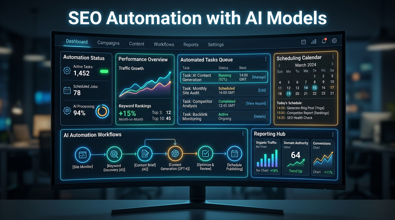 AI-powered SEO automation dashboard with analytics and tasks