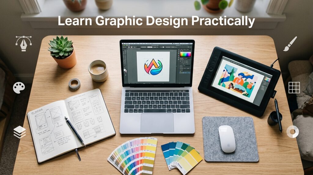 Workspace with laptop, drawing tablet, and color swatches for hands-on graphic design.