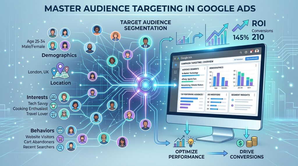 Google Ads audience targeting with demographics and analytics dashboard