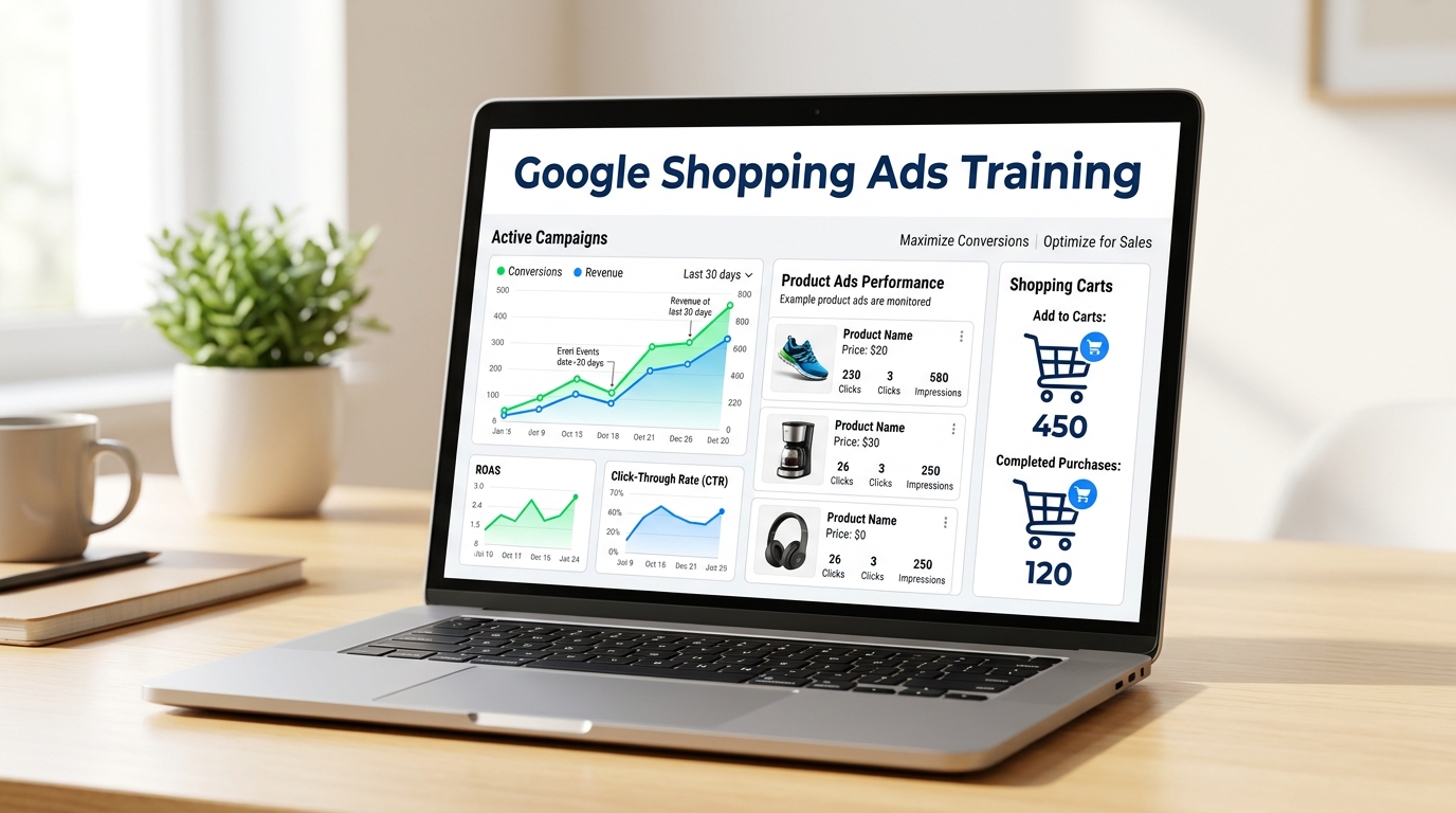 Laptop displaying Google Shopping Ads performance metrics and product campaign data