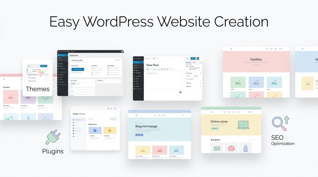 WordPress dashboard with themes, plugins, and website builder