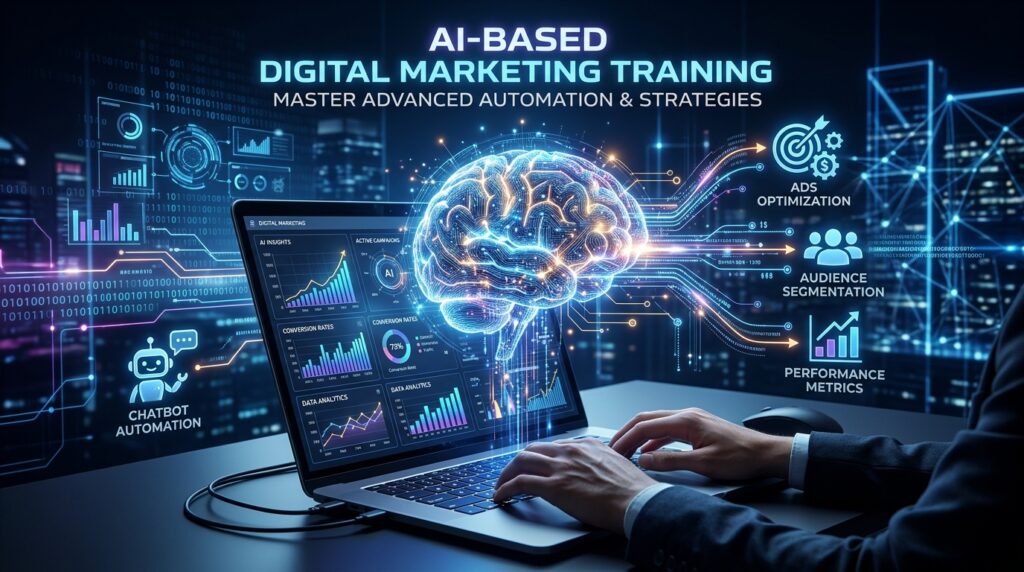 Laptop showing AI digital marketing dashboard with analytics and automation tools