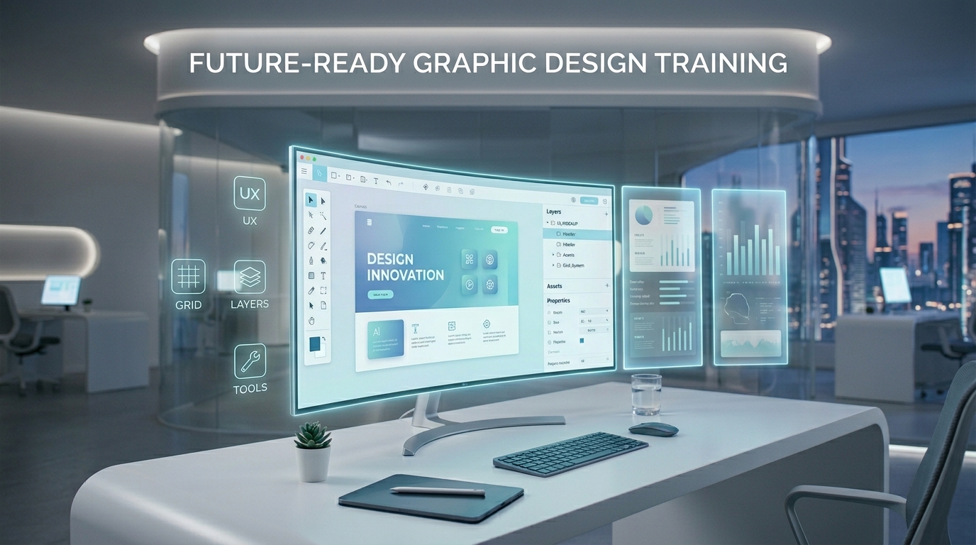 Modern workspace with a futuristic holographic display showing graphic design interface and analytics.