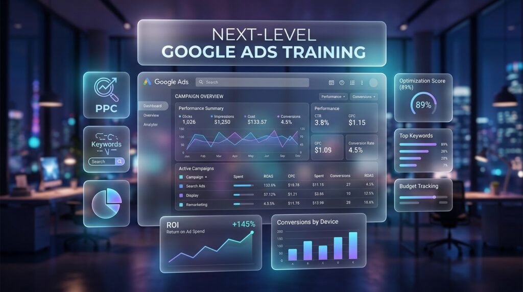 Futuristic Google Ads analytics dashboard with campaign metrics and performance charts