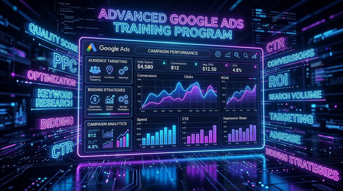 Google Ads dashboard showing PPC, CTR, and campaign analytics