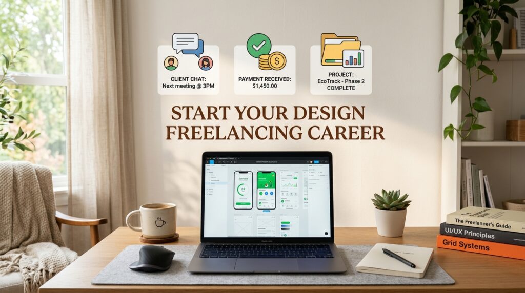 Laptop workspace promoting design freelancing career