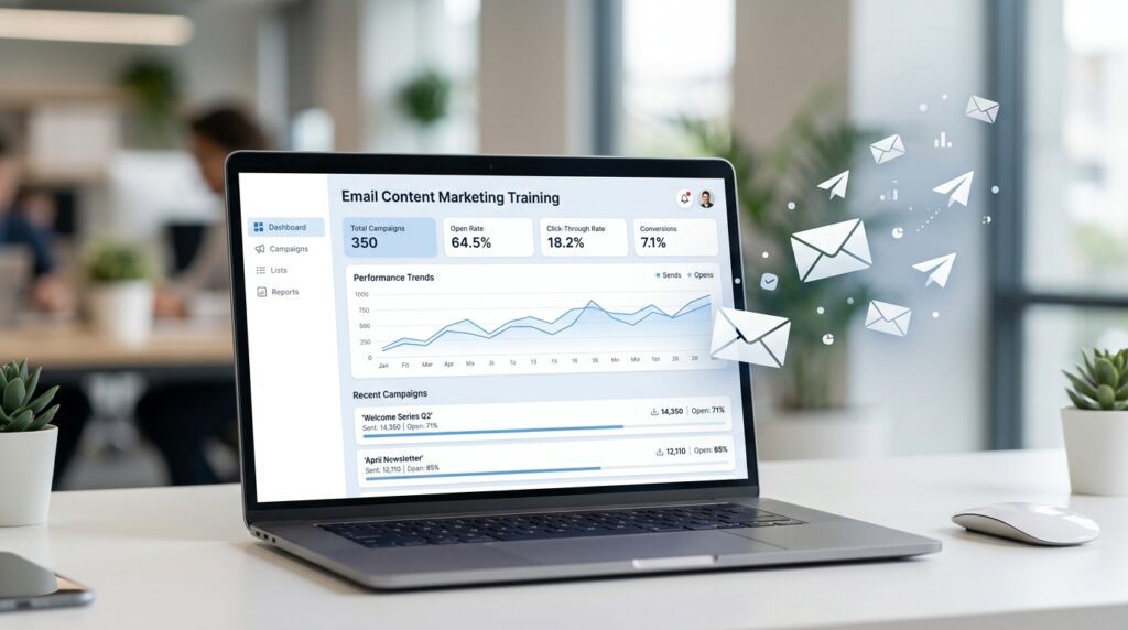 Laptop displaying email marketing analytics with campaign metrics and floating email icons