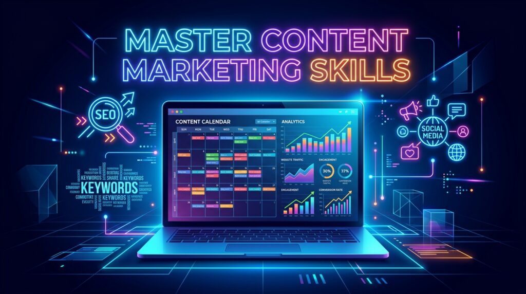 Neon-themed laptop displaying content calendar and marketing analytics