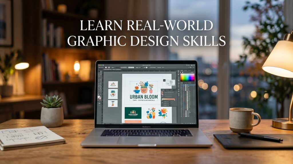 Laptop displaying graphic design software on a desk in a cozy workspace.