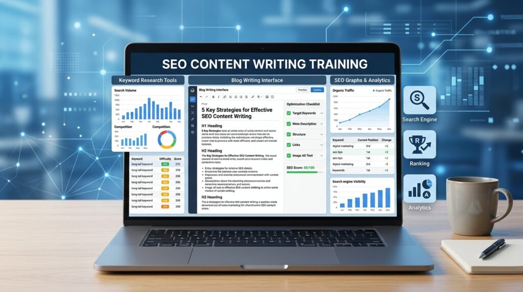 Laptop displaying SEO writing dashboard with analytics and keyword tools.