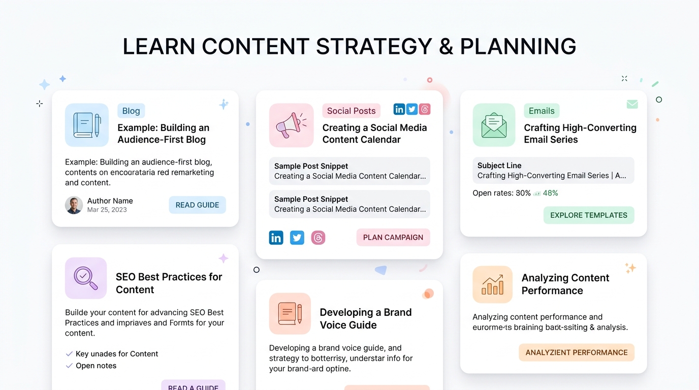 Content strategy dashboard with blog, social media, email, and SEO planning cards