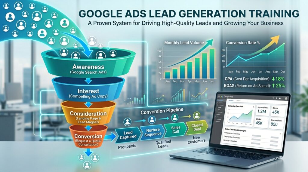 Google Ads lead generation funnel with stages from awareness to conversion and analytics charts