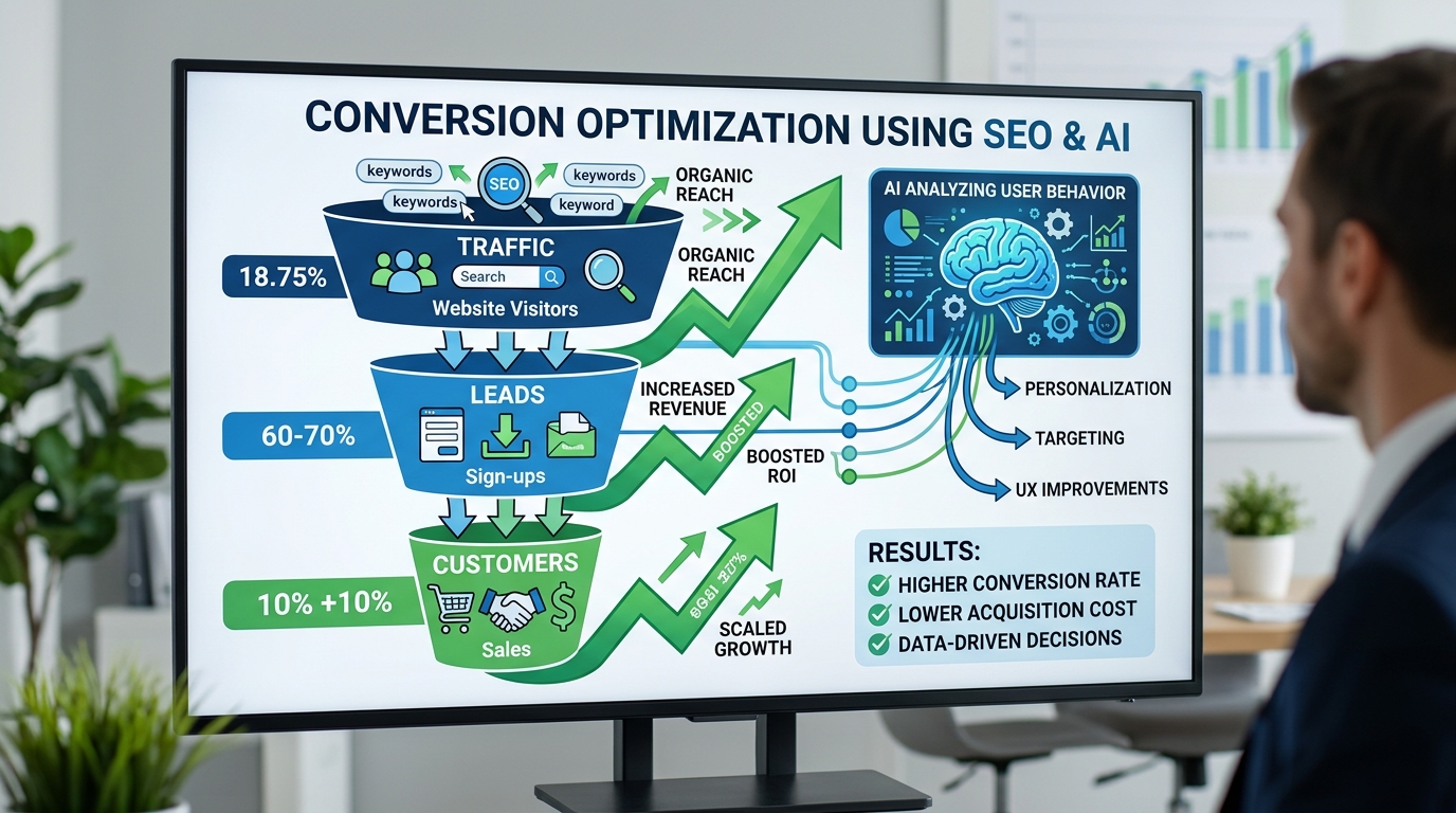 SEO and AI conversion funnel showing traffic, leads, and sales