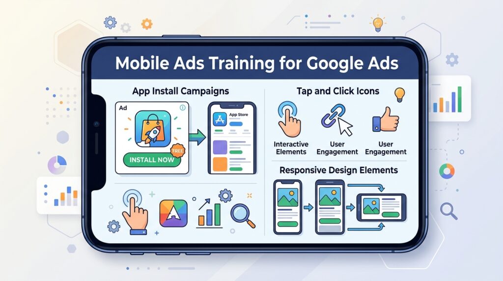 Illustration of mobile ad campaign elements on a smartphone screen