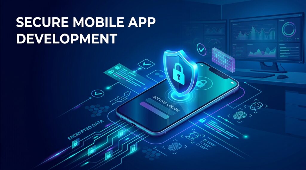 Mobile app security concept with smartphone and shield protection