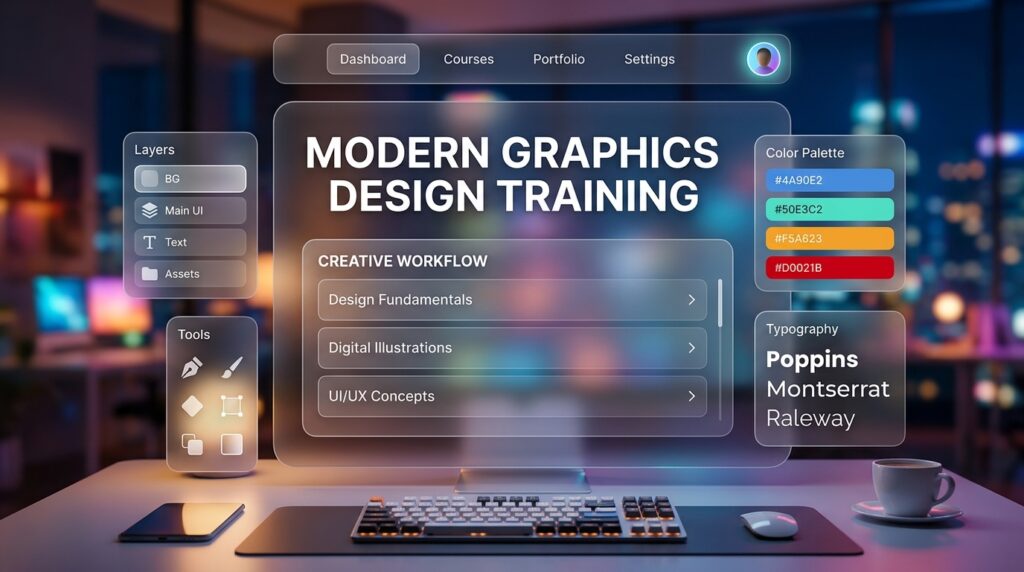 Futuristic UI dashboard for graphic design training with tools, layers, and color palette.
