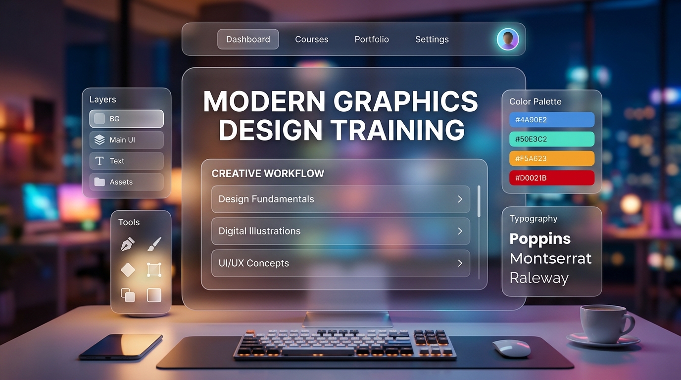 Futuristic UI dashboard for graphic design training with tools, layers, and color palette.