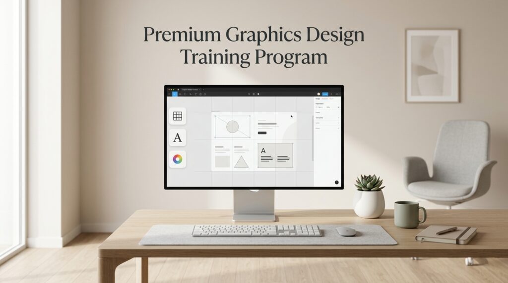 Minimal desk setup with computer showing graphic design interface