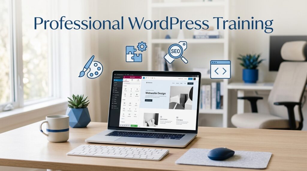 Laptop showing WordPress website design with SEO and tools