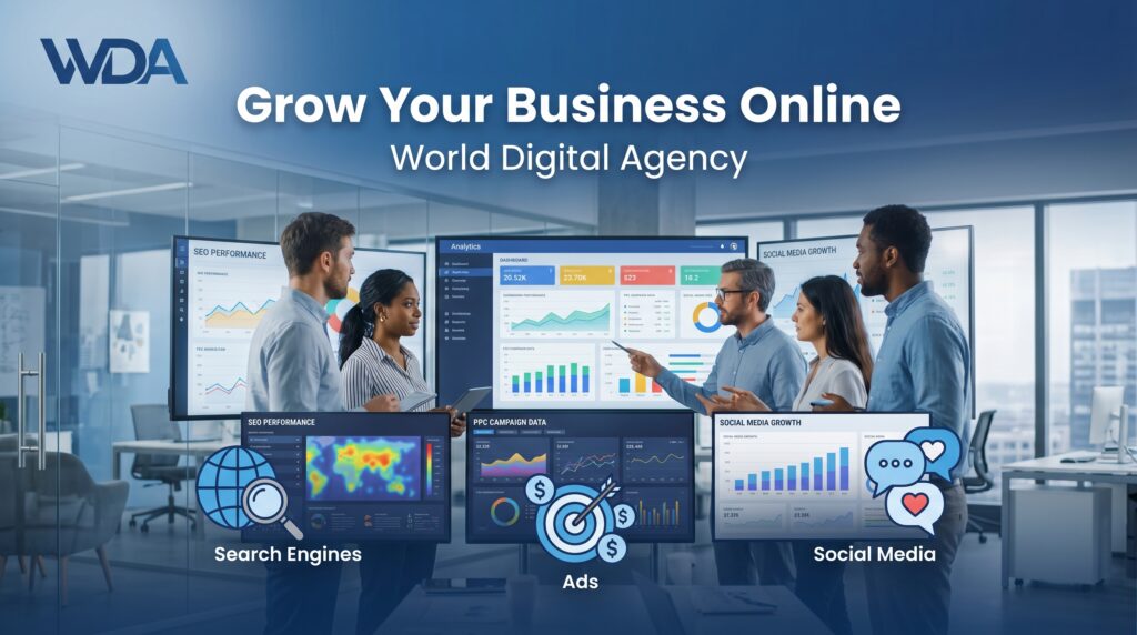 Digital marketing team reviewing SEO, ads, and social media analytics.