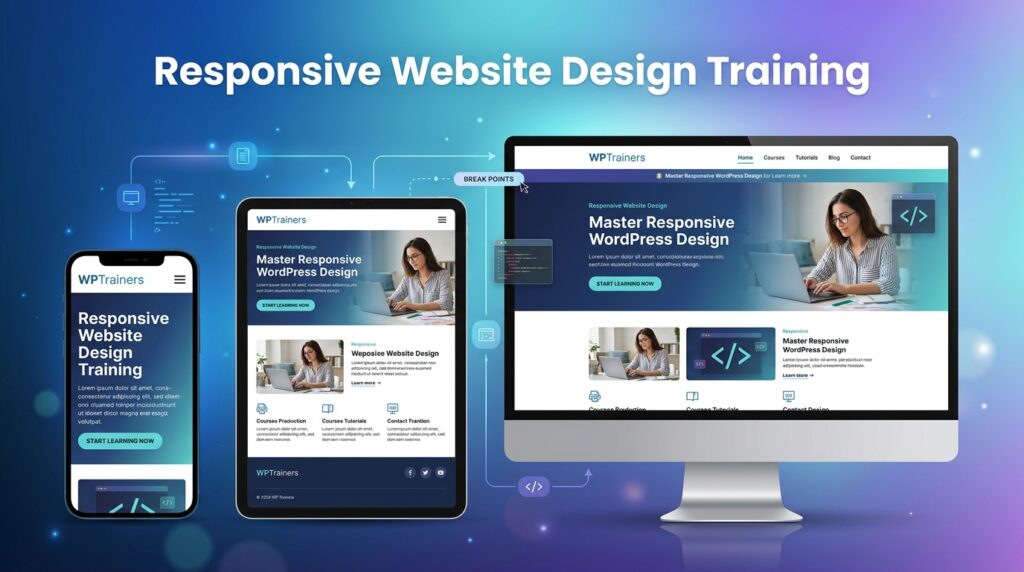 Responsive web design training displayed on mobile, tablet, and desktop screens