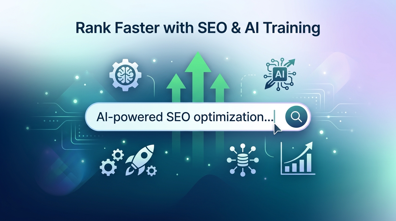 Illustration of AI-powered SEO optimization with growth arrows and search bar