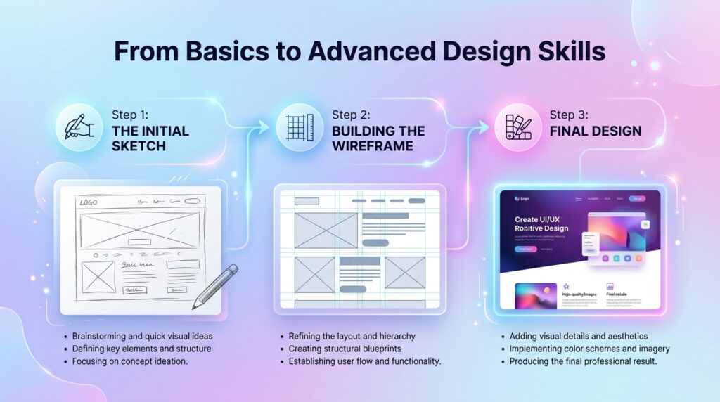 Three-step design process showing initial sketch, wireframe, and final digital design.