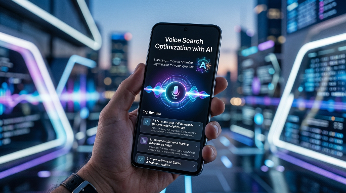 Smartphone showing AI voice search optimization interface