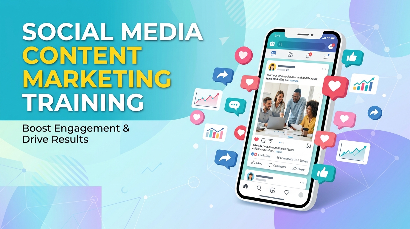 Smartphone showing social media app with engagement icons and marketing text.