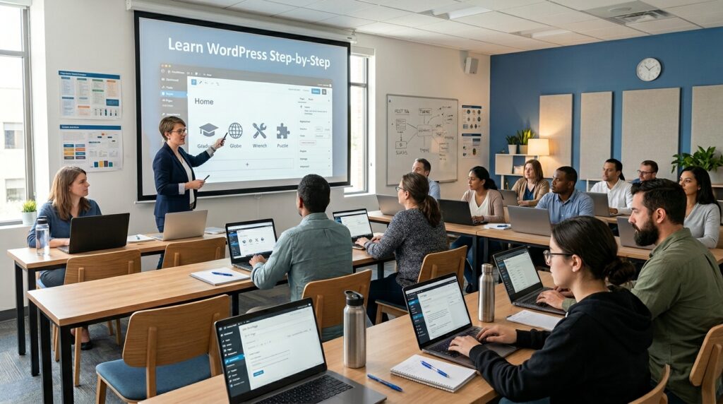 Students learning WordPress in classroom with instructor