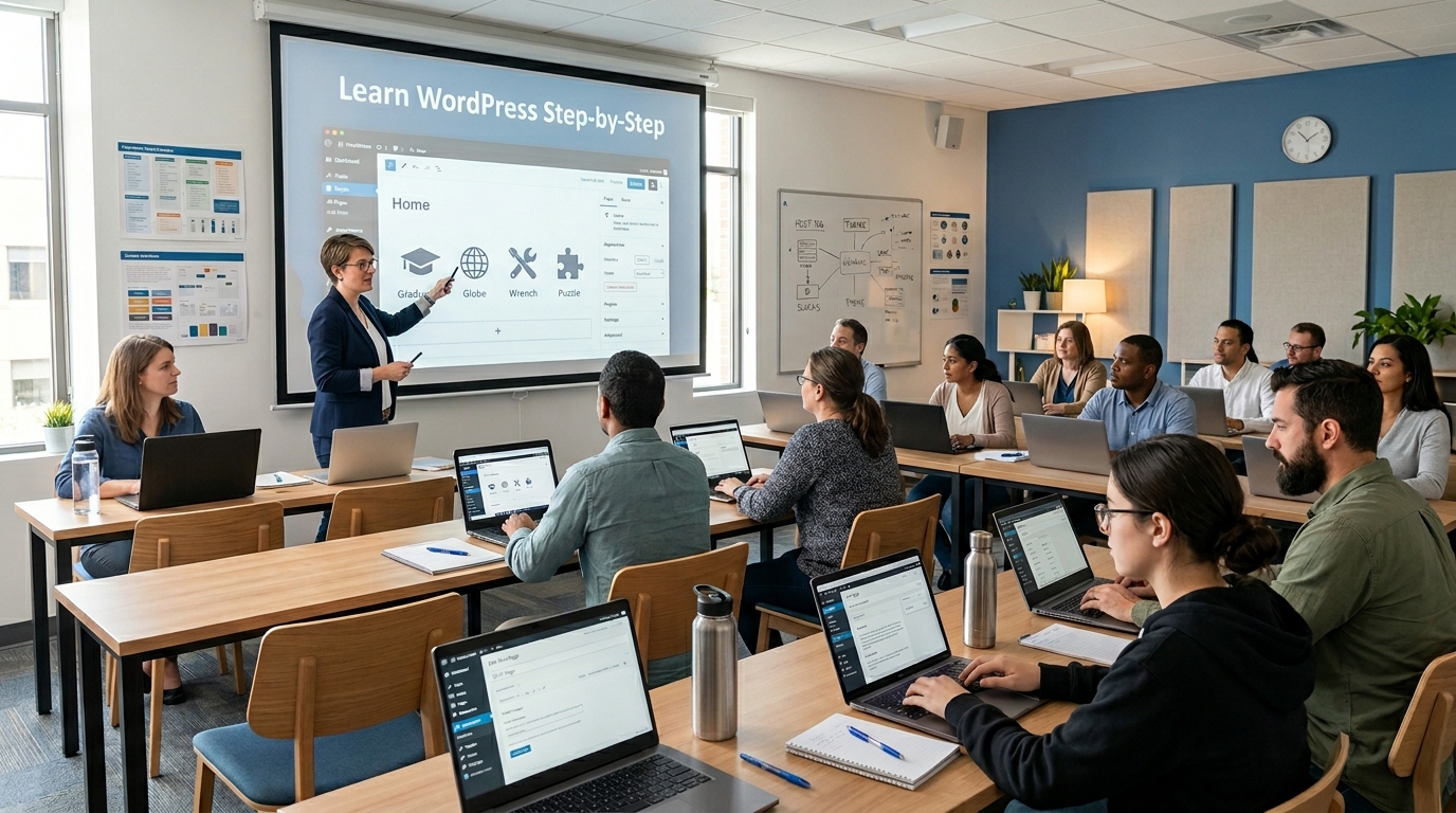 Students learning WordPress in classroom with instructor