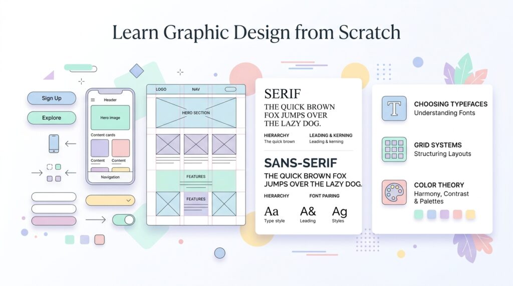 Illustration showing beginner graphic design concepts like layouts, typography, and color theory.