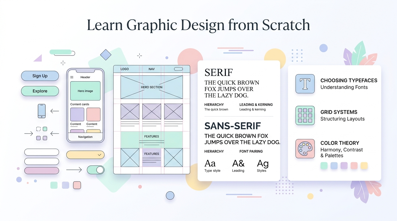 Illustration showing beginner graphic design concepts like layouts, typography, and color theory.
